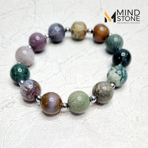 دستبند عقیق خزه ای و حدید با مهره سایز 12