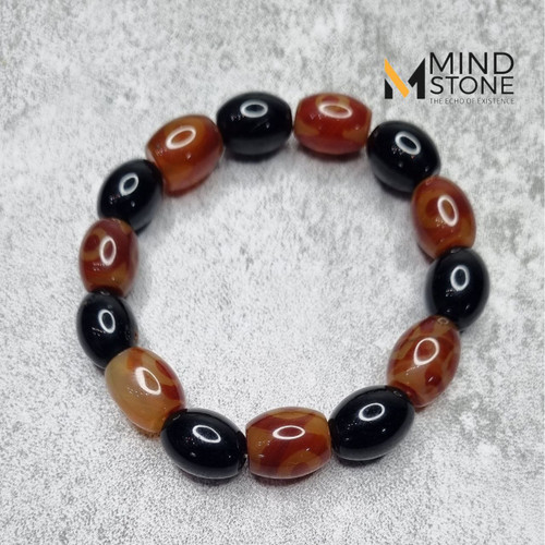 دستبند 14 میل عقیق سرخ و عقیق سیاه با طرح تبتی