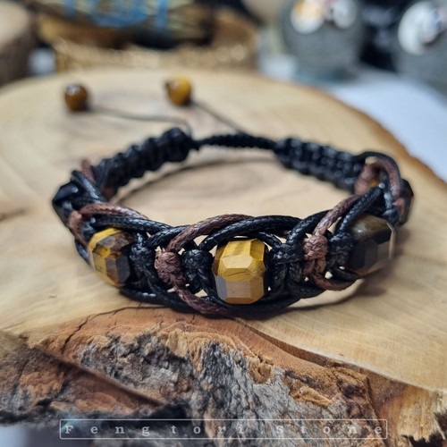 دستبند سنگ چشم ببر با بافت چرم