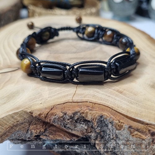دستبند سنگ تورمالین سیاه و چشم ببر با بافت چرم
